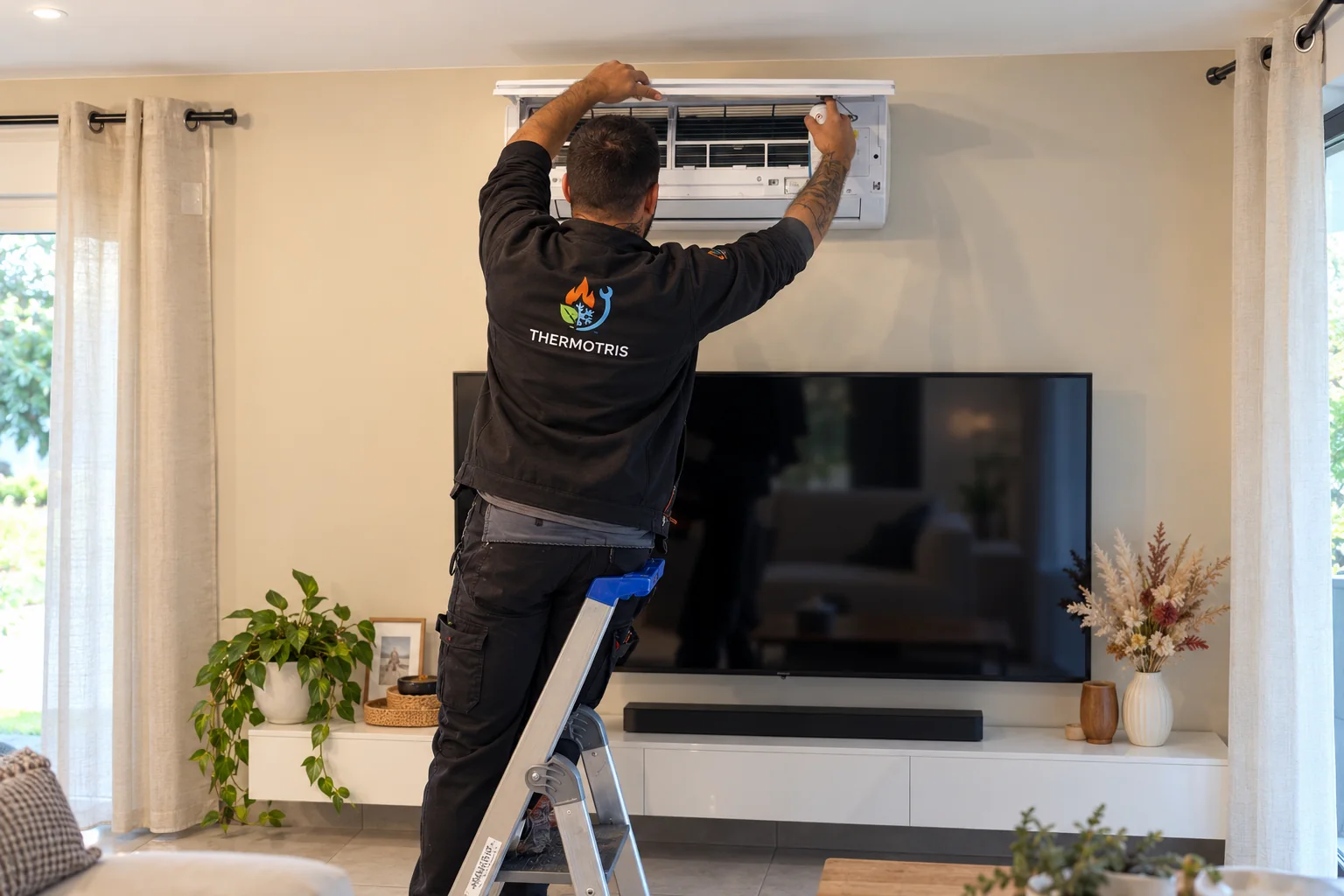 Technicien Thermotris en intervention sur une climatisation murale